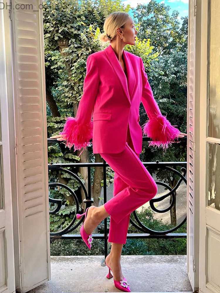 Women's Tracksuits Feathers Sleeve Blazer Pant Set Women's Fashion One Button Jacket Zipper Trousers Autumn and Winter Office Set Z2307-image-889201292
