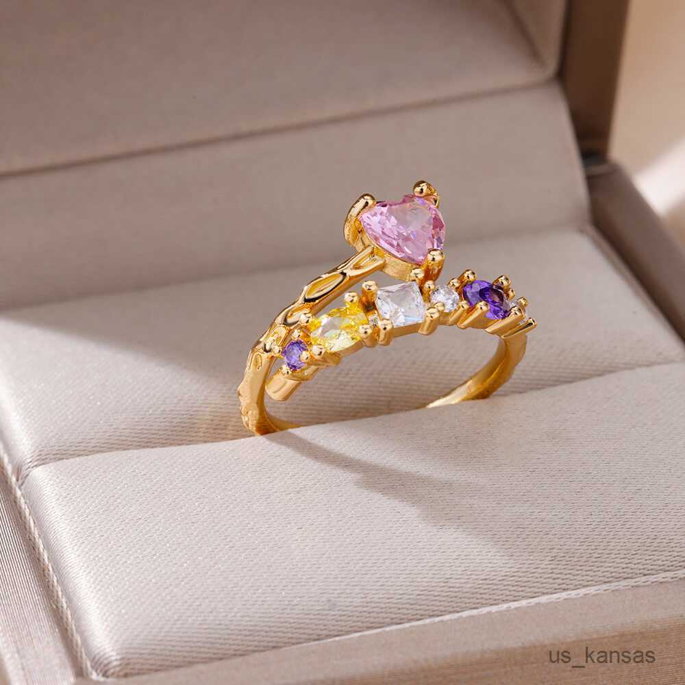 Band Rings Colored Zircon Pink Heart Rings For Women Stainless Steel Heart Adjustable Ring 2023 Trending Aesthetic Wedding Jewerly Gift R230726-image-889257830