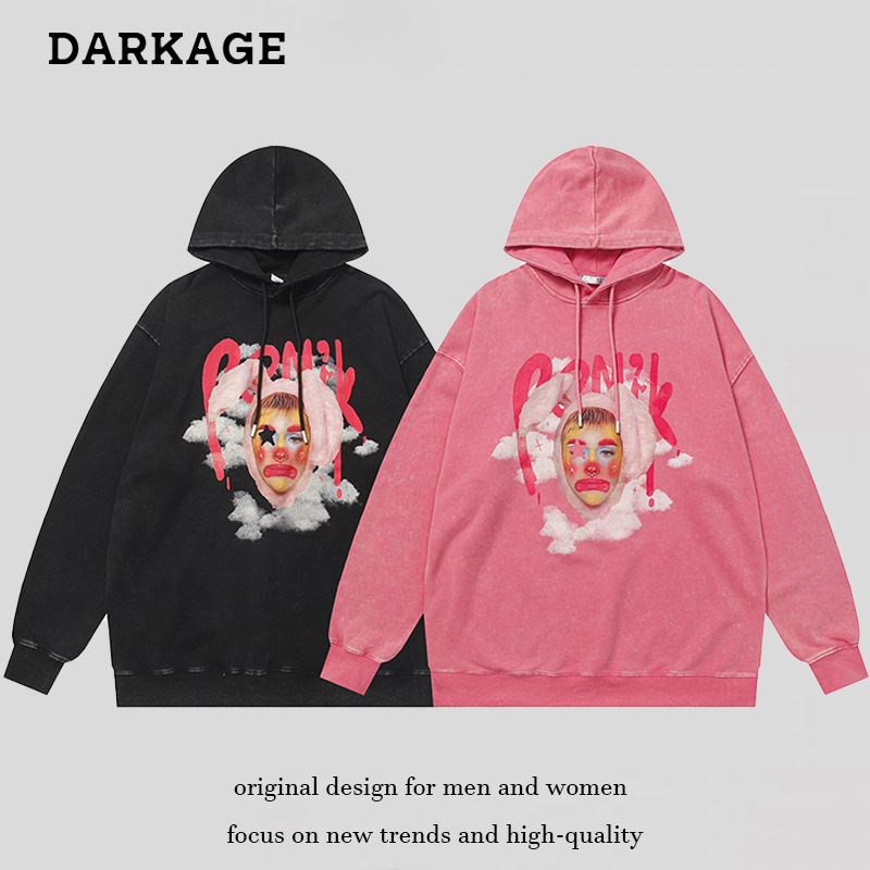 American retro clown wash water to do old hoodie men fall street hip hop loose couple long sleeve top L260527-image-847438554