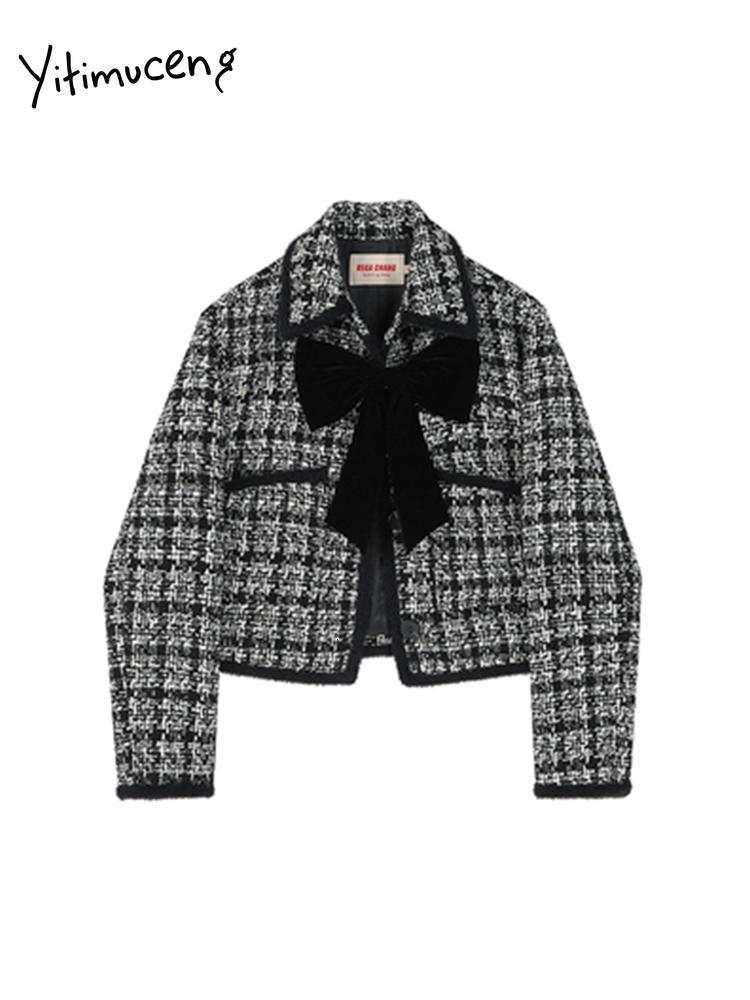 Womens Jackets Yitimuceng Woolen Jacket for Women Autumn Winter Fashion Long Sleeve Turn Down Collar Bow Chic Vintage Casual Coats 230726