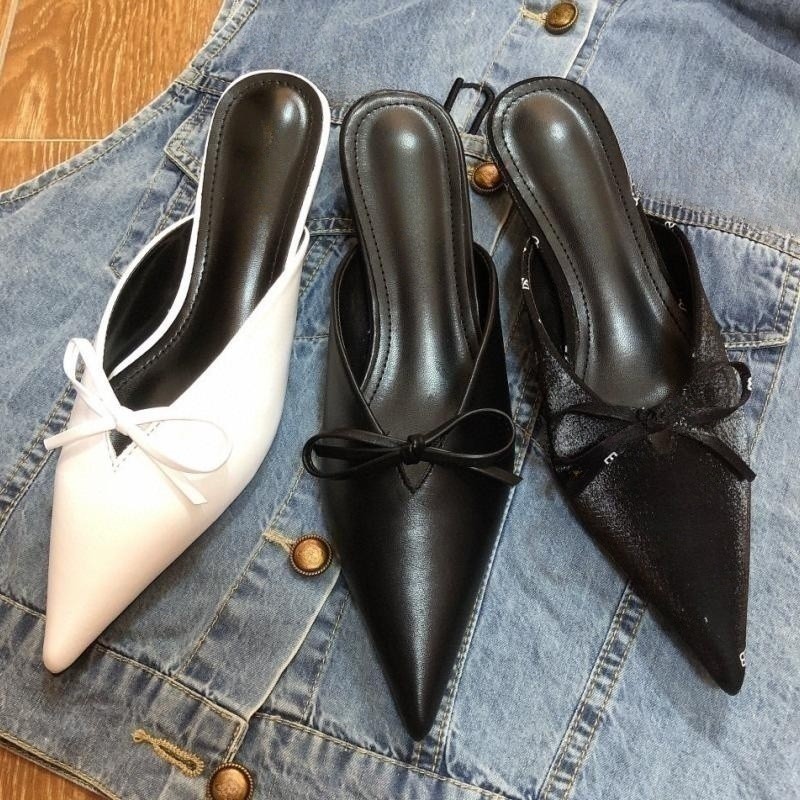 Leather satin sandals top luxury designer shoes sexy women pointy high heels fashion printed half slipper classic bow plaid dress shoes summer ne-image-889185055