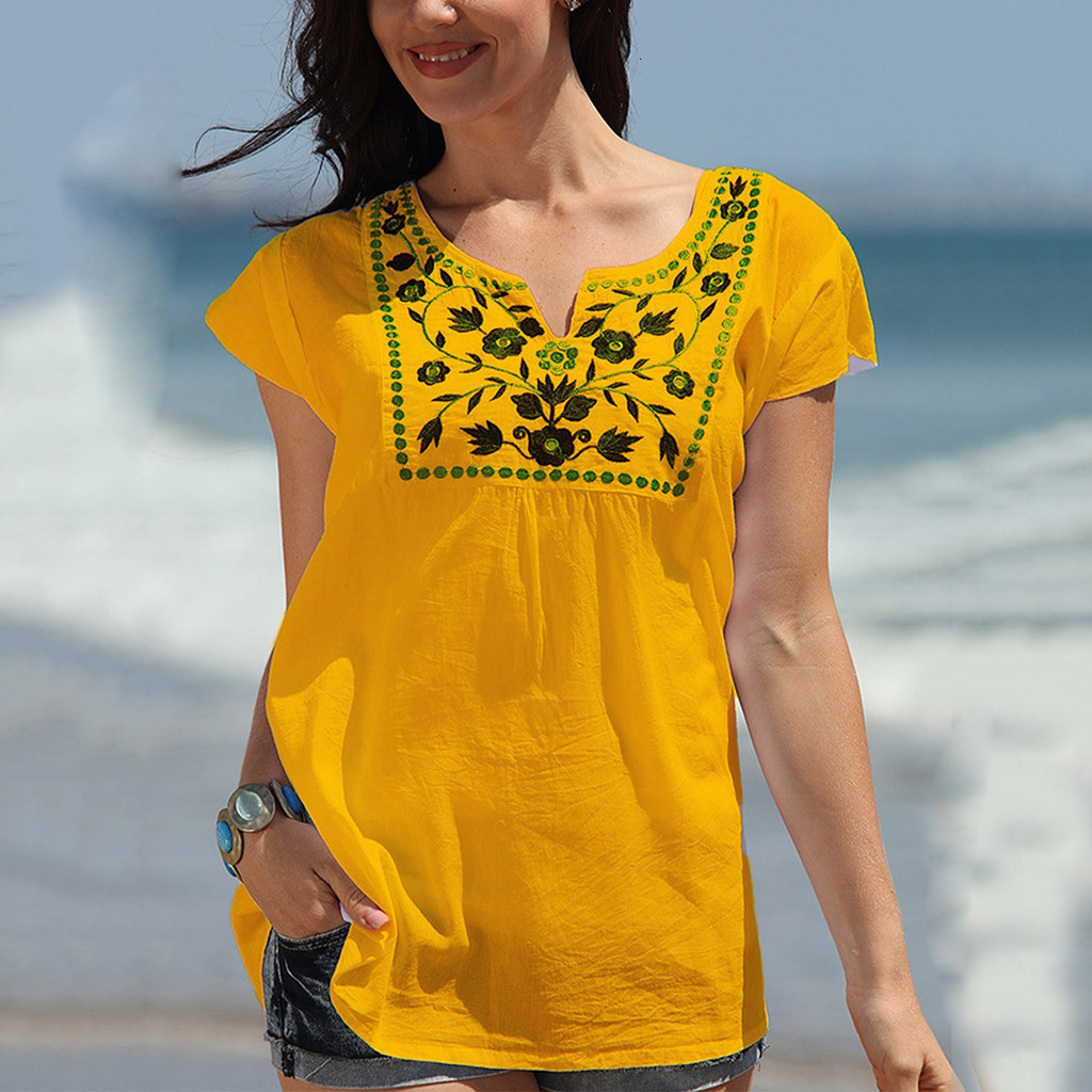 Womens Blouses Shirts Women Tops And Boho Beach Short Sleeve Shirt Summer Fashion Tee Loose Casual Floral Print Clothes 230726