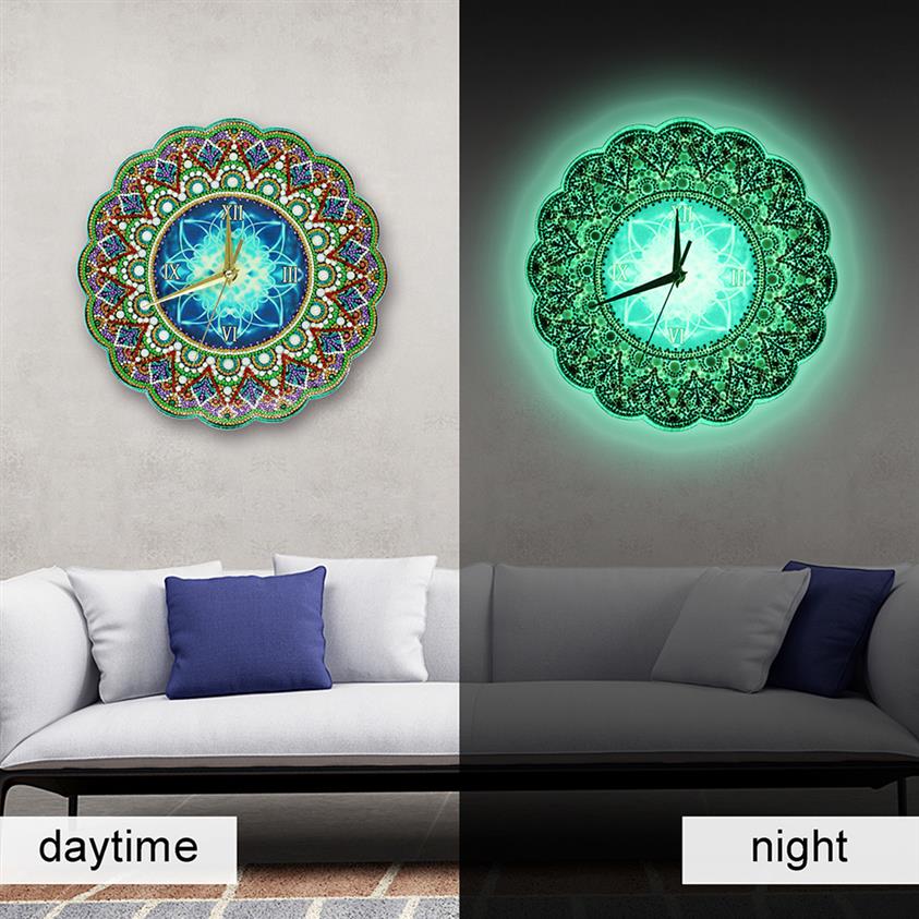 Luminous Diamond Painting Clock Mandala Diamond Painting Cross Stitch Diamond Embroidery Special Shaped Beads Home Wall Decor 2012309M