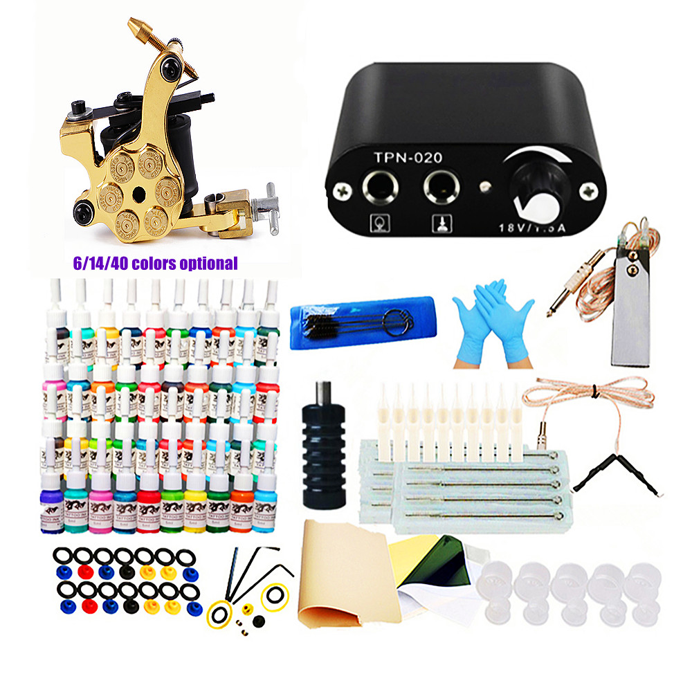 Kit de tatouage pour débutants, 14 couleurs d'encres, aiguilles jetables, alimentation électrique, 2 mitrailleuses, accessoires de tatouage, maqu