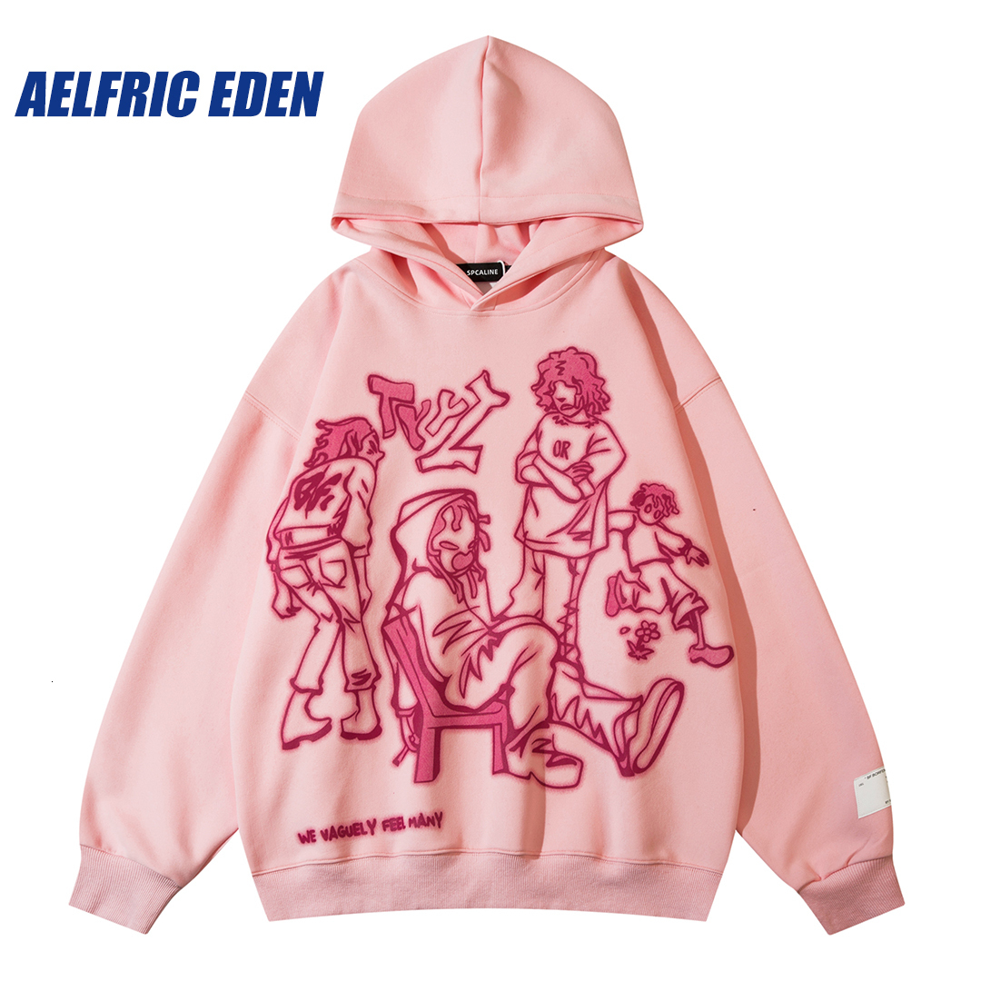 Men's Hoodies Sweatshirts Aelfric Eden Mens Y2K Cartoon Line Character Print Hoodie Harajuku Hip Hop Sweatshirt Pullover Hooded Streetwear Casu