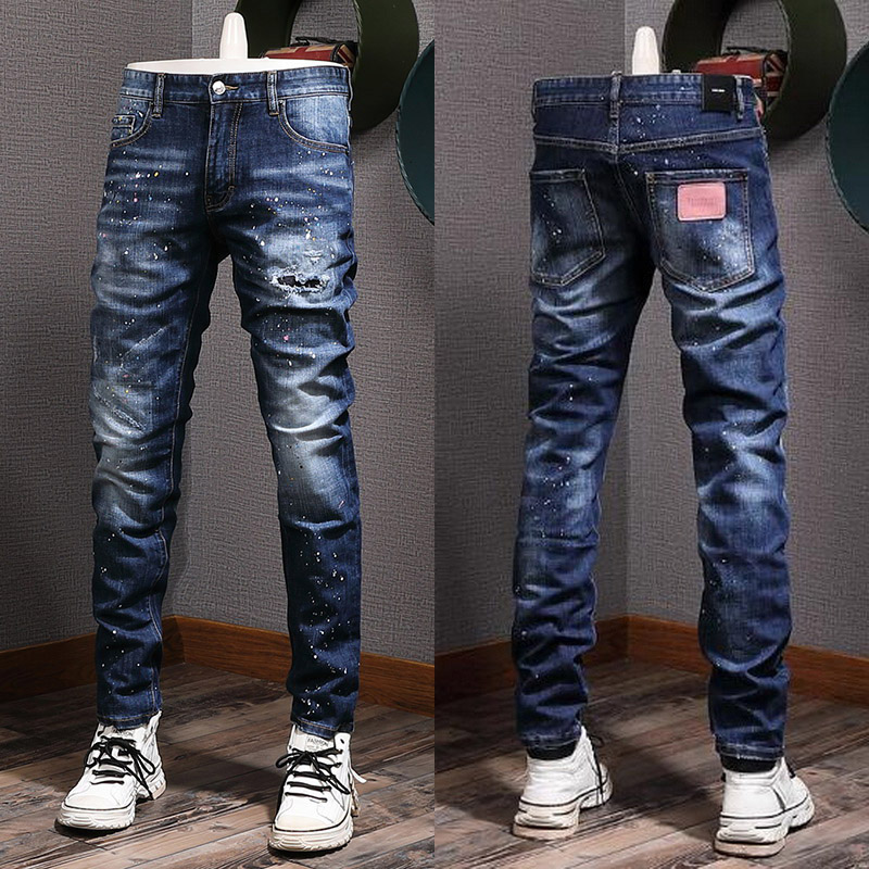 Grande taille 38 jean bleu homme coupe ajustée en détresse lavage à l'eau de javel pantalon en Denim Vintage homme