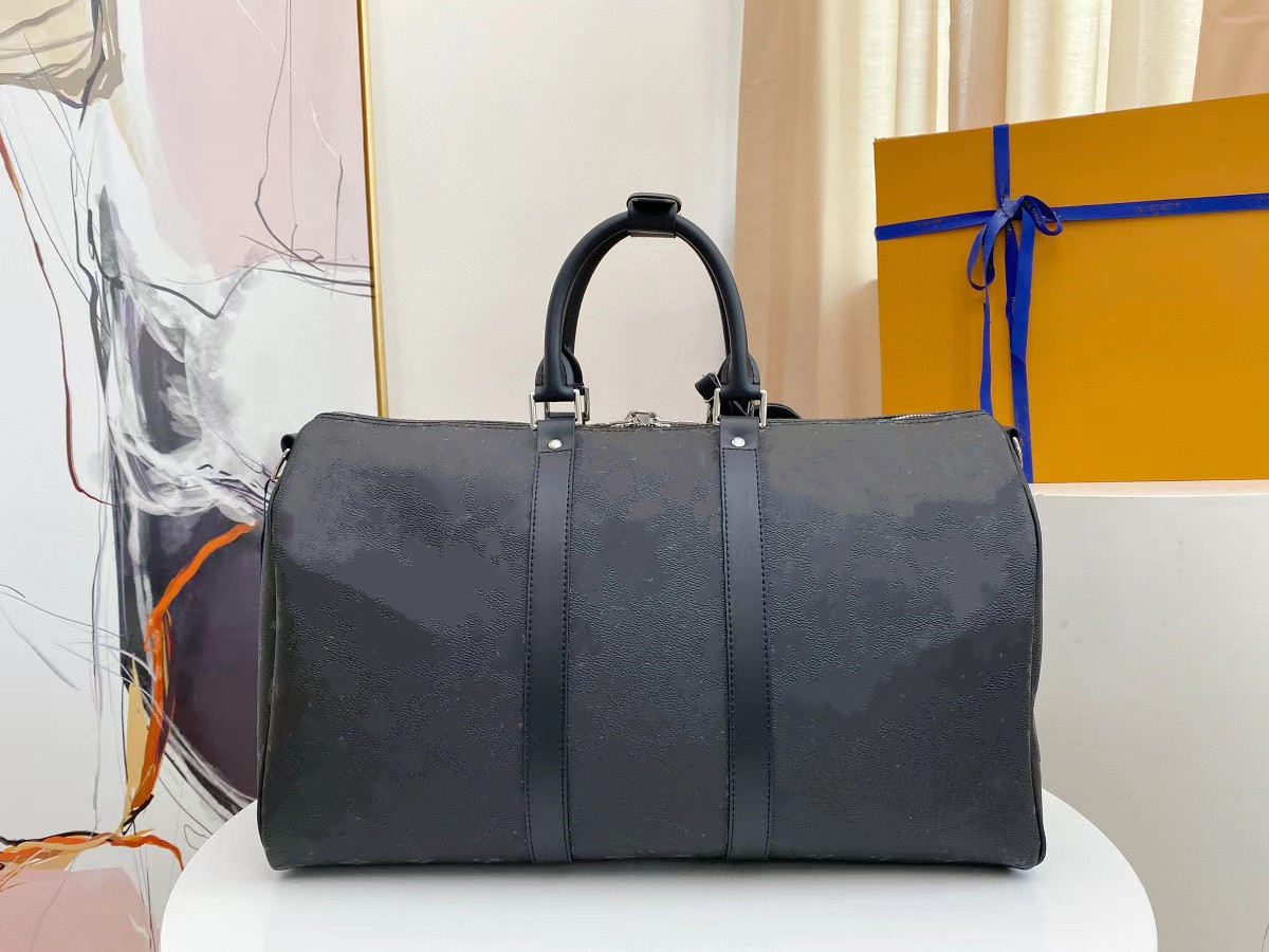 

Designer Tote bag handbag Classic 1V Travel bag Large capacity canvas leather trim hardware trim with double zippers tapered ned and name badge, Black embossed style