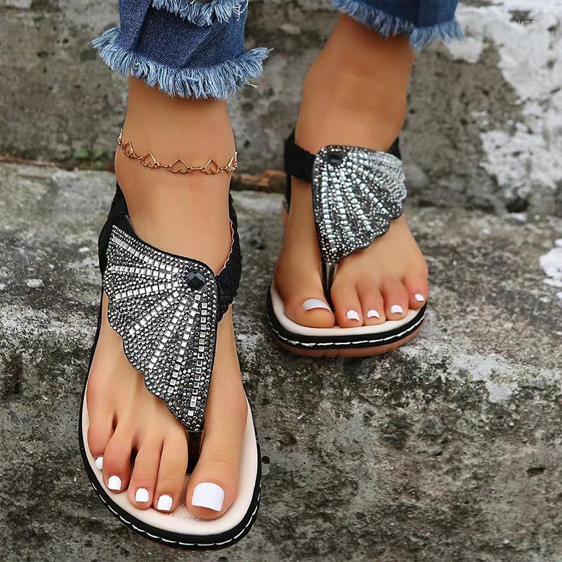 

Sandals Shiny Rhinestone Flat Women 2023 Summer Clip Toe Gladiator Plus Size 43 Woman Rome Soft Sole Beach Shoes Calceus, 03 dark blue