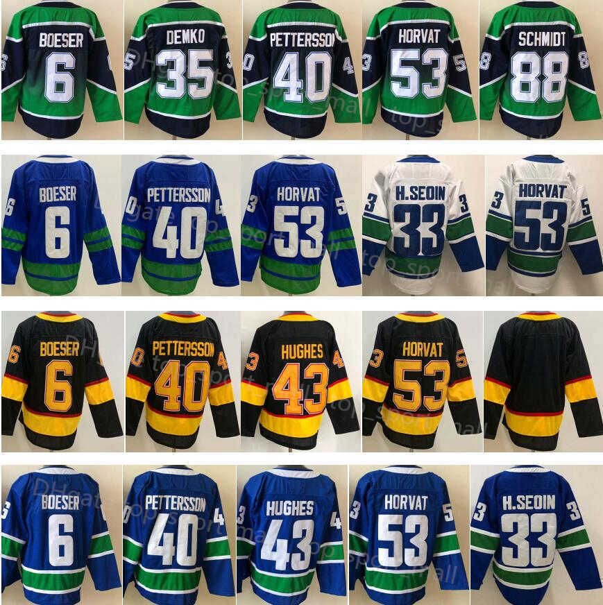 

Jersey Ice Hockey 53 Bo Horvat''Nhl''Jersey 6 Brock Boeser 40 Elias Pettersson 43 Quinn Hughes 35 Thatcher Demko Reverse Retro Team Blue Whi, Blue 1
