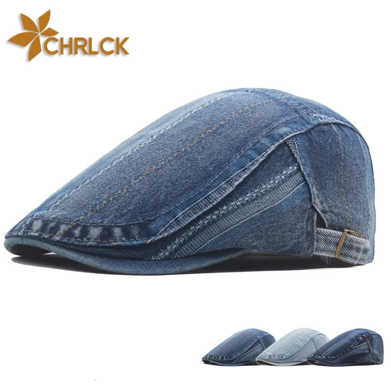 Berets CHRLCK Simple Washed Denim Hat Men Women Spring Summer ed Flat Cap Artist Duckbill Casual Herringbone sboy 231101