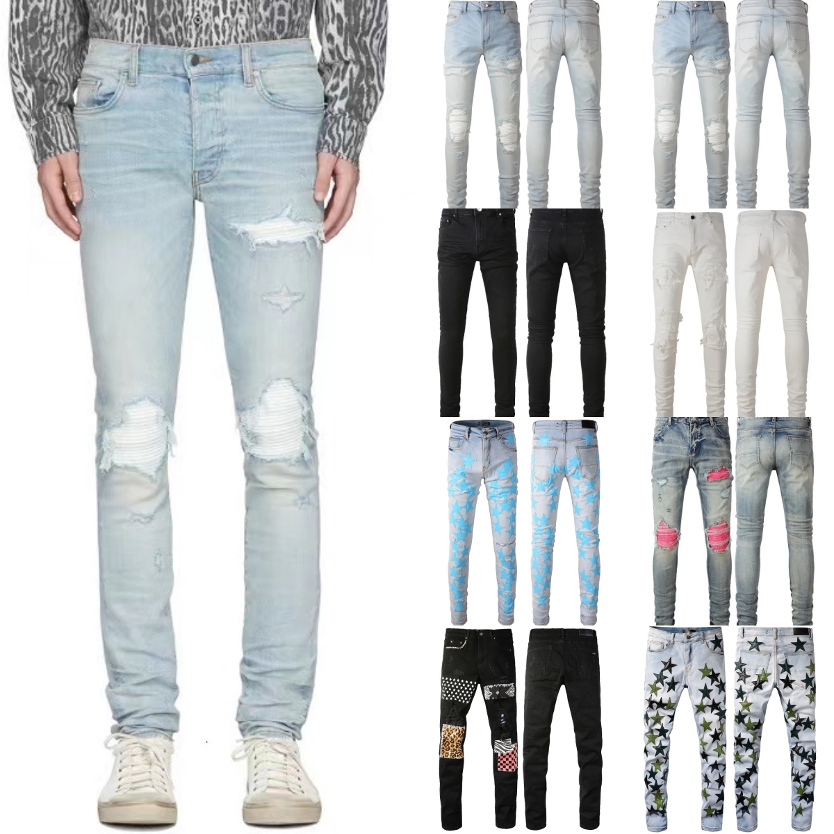 

Skinny jeans Men's Ripped Designer Jeans Pants Light Blue Lightweight Denim Classic camouflage Hole hiphop Washed Distressed Motorcycle Trendy