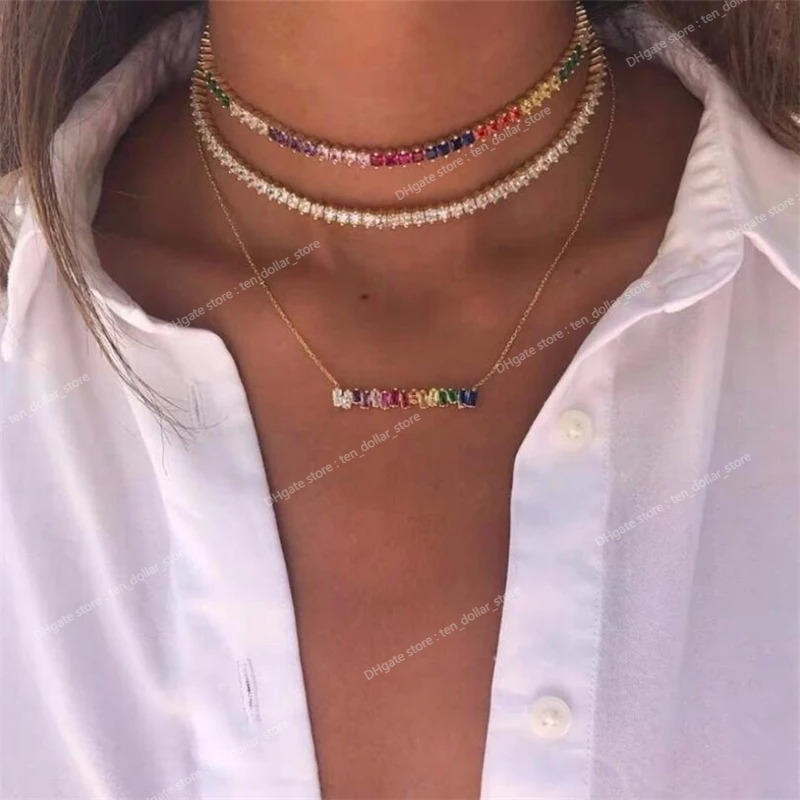 NOUVEAU de haute qualité arc-en-ciel baguetee cz bar géométrique pendentif colliers cristal coloré or rempli femmes mode tour de cou cadeaux bijo