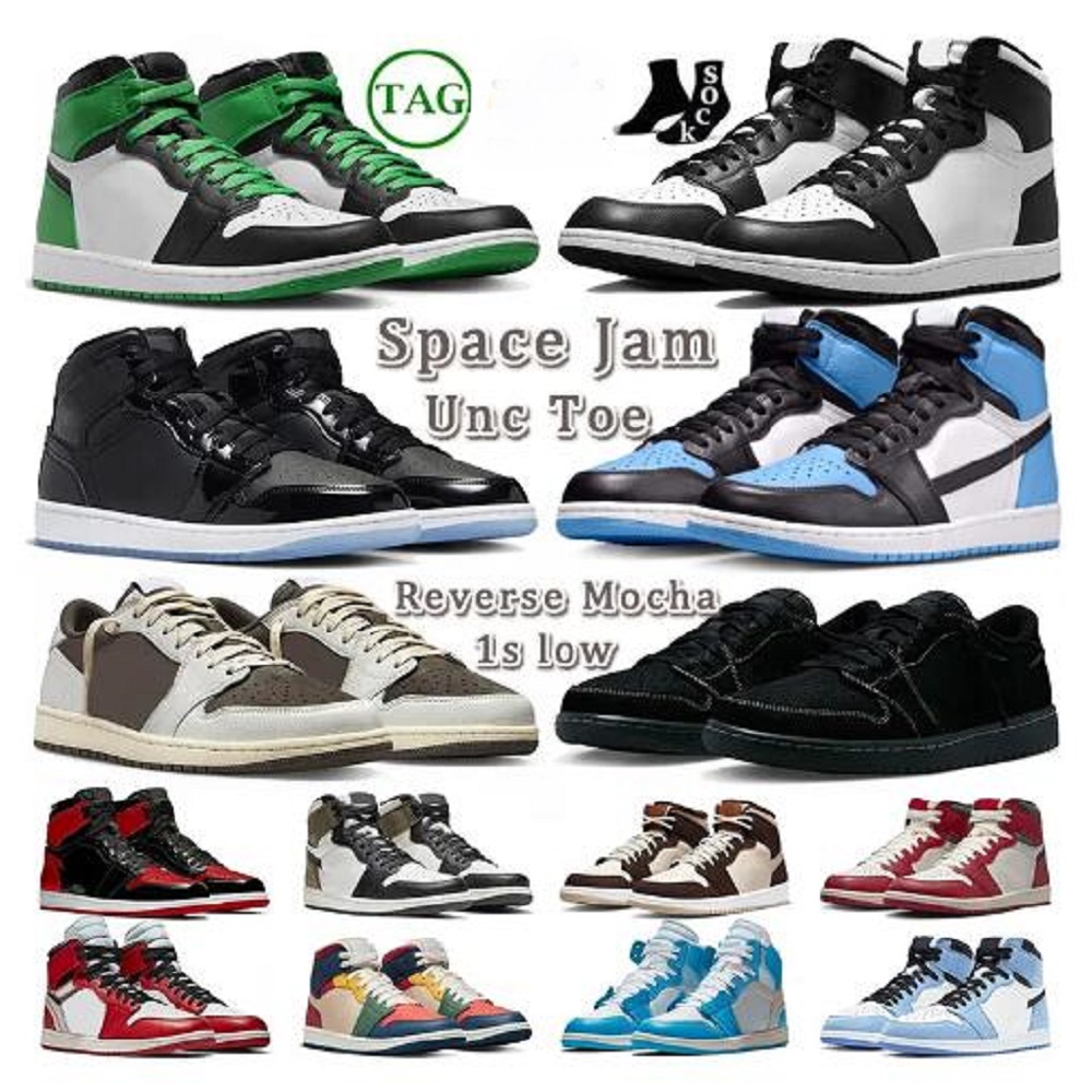 

travis 1s jumpman 1 basketball shoes mens womens black phantom travis scotts 1s reverse mocha mid space jam unc toe high lucky green off whites big size sneakers, Color 20