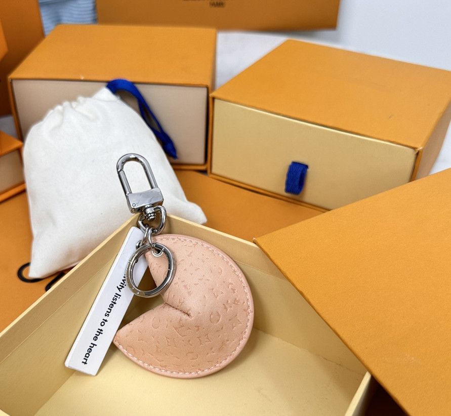 

With box Fortune Cookie Bag Hanging Keychain Car Keychain Flower Charm Jewelry Women Men Gifts Fashion PU Leather Key Chain Accessories