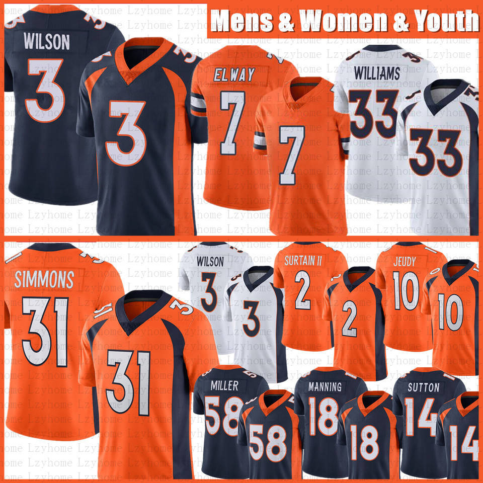 

3 Russell Wilson 18 Peyton Manning Football Jersey 2 Patrick Surtain II Jerry Jeudy John Elway Justin Simmons Javonte Williams Courtland Sutton Mens Women Youth Kids