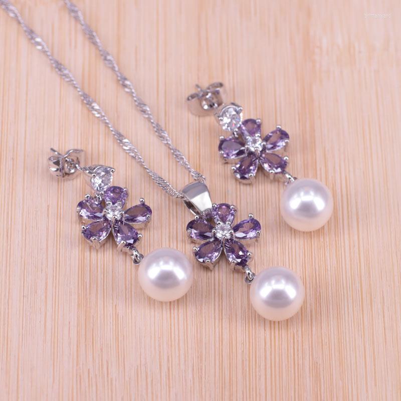 

Necklace Earrings Set Promotion Freshwater Pearl Silver Color Jewelry For Women White Cubic Zircon Flower, Picture shown