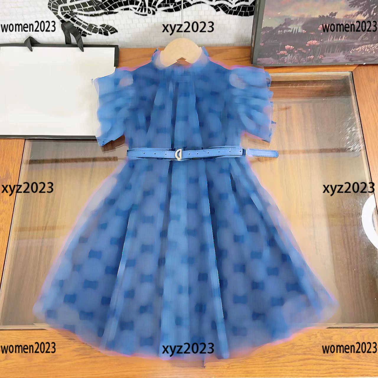 

kids designer clothes Lapel design girls Mesh dress with belt Baby Summer sleeveless design Elegant Skirt new product, #3