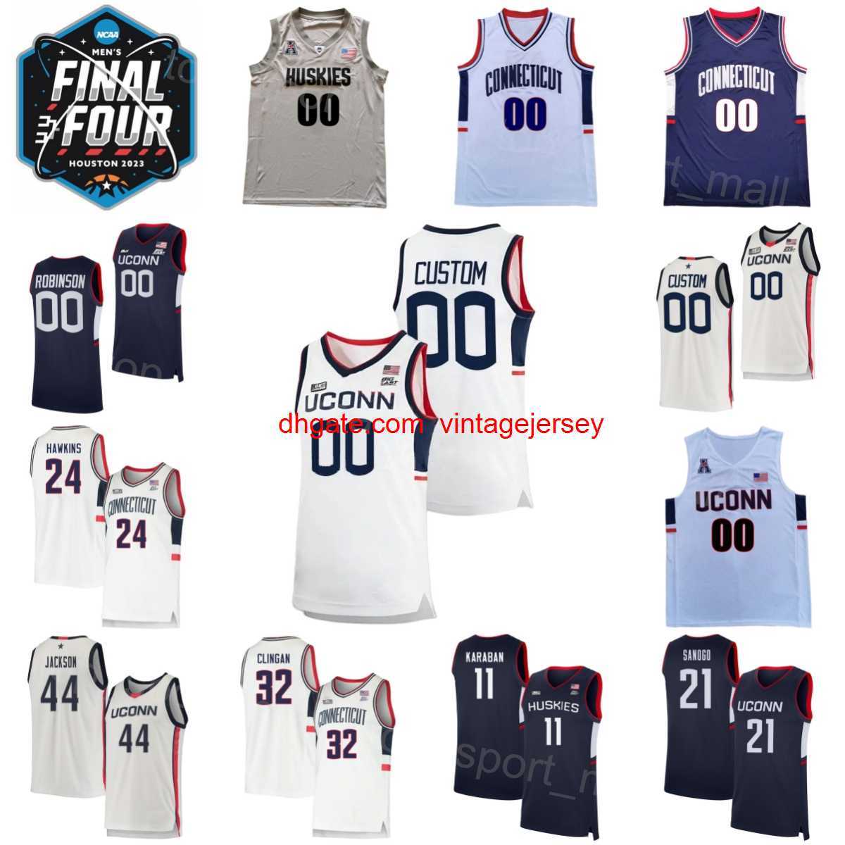 

2023 Final Four College UConn Huskies Jersey Basketball 21 Adama Sanogo 24 Hawkins 2 Tristen Newton 11 Alex Karaban 32 Donovan Clingan 44 Andre Jackson Sewing NCAA, Navy blue