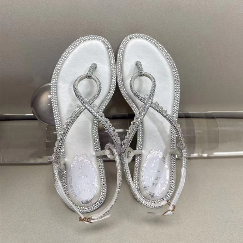 

RENE CAOVILLA crystal Summer Hollow Women's Sandals Genuine Leather Toe Runway Party Fashion crystal Sandals Low-heeled design Low-heeled pinch Sandals 35---43size, As pic
