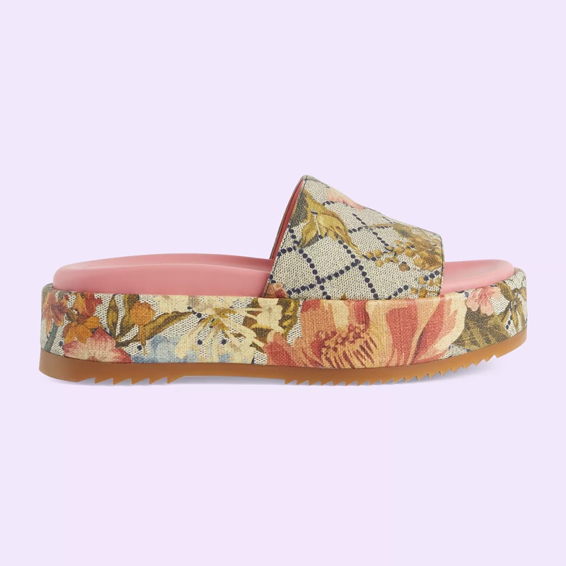 

womens designer flower flatform slippers floral-print single-strap 55mm platform sandal jumbo canvas slides