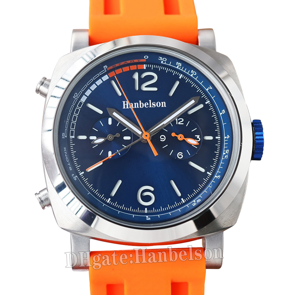 

Luminous Men Watch Automatic Movement Blue face Heavy All steel strap 44MM Orange rubber strap Wristwatch