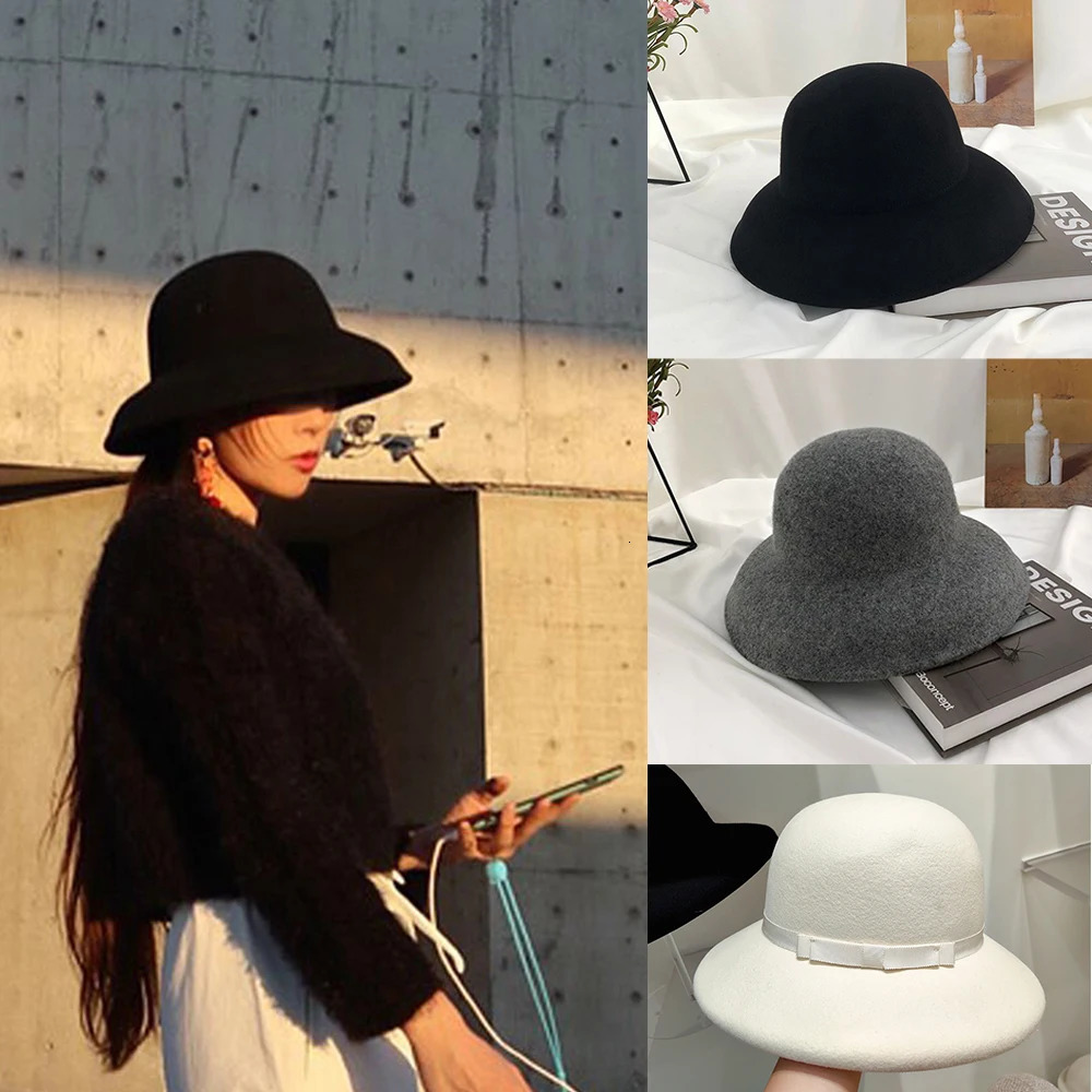 Wide Brim Hats Bucket 2023 100 Wool Hat Bell Women s French Elegant Retro Hepburn Autumn and Winter Celebrity Pearl Felt 231101