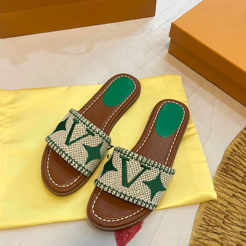 

Designer Slides Embroidery Slippers Women V Shoes Sandals Luxury TOPDESIGNERS155, Box