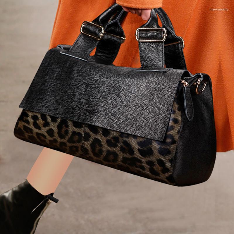 

Evening Bags Fashion Genuine Leather Big Tote Handbags Leopard Pattern Soft Cowhide Travel Ladies Long Strap Shoulder Weekend