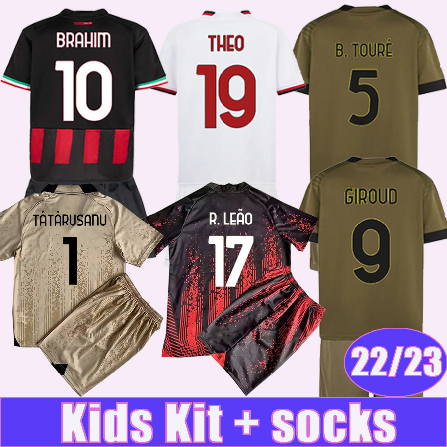 

22 23 IBRAHIMOVIC Kids Kit Soccer Jerseys ROMAGNOLI BENNACER THEO TONALI BRAHIM KESSIE Home Away 3rd 4Th Goalkeeper Child Suit Football Shirts, Tz13231 22 23 gk no socks