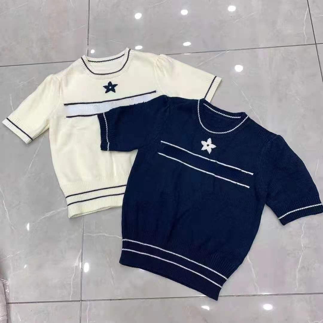 

Fashion Women Knit T Shirt Luxury Designer Casual Crop Tops O-neck Short Sleeve T-shirt, Navy blue