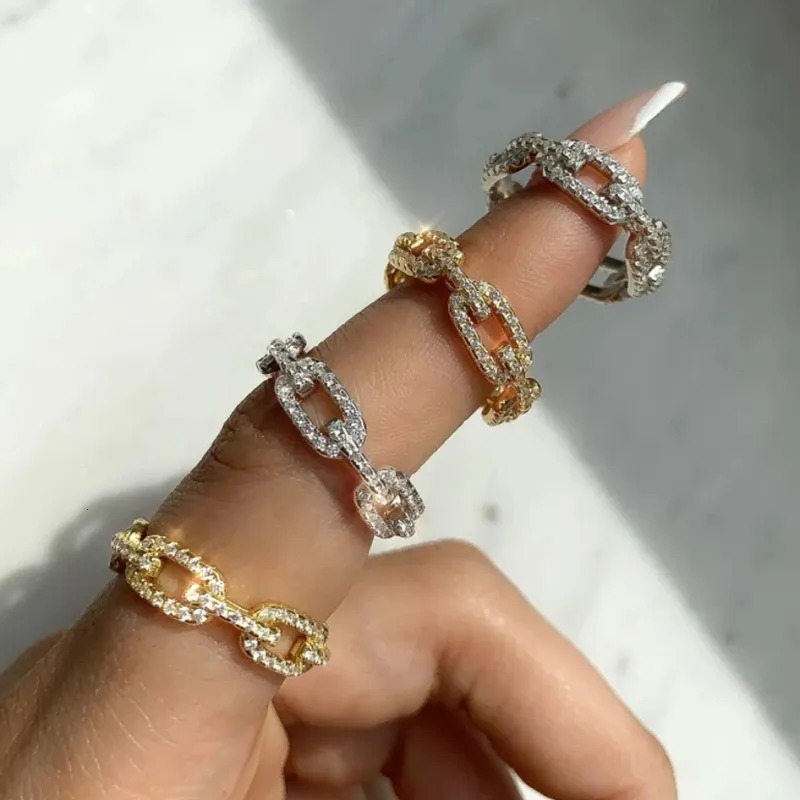 Wedding Rings Chic Cuban Link Chain for Women Ice Out Micro Pave Zirconia Tennis Ring Fashion Accessories Hiphop Rock Jewelry 231101