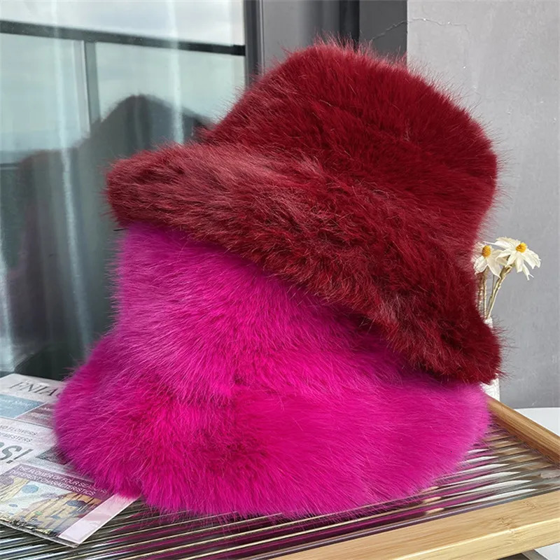 Wide Brim Hats Bucket Faux Fur Hat Women s Elegant Autumn and Winter Fisherman Korean Senior Warm 2023 231101