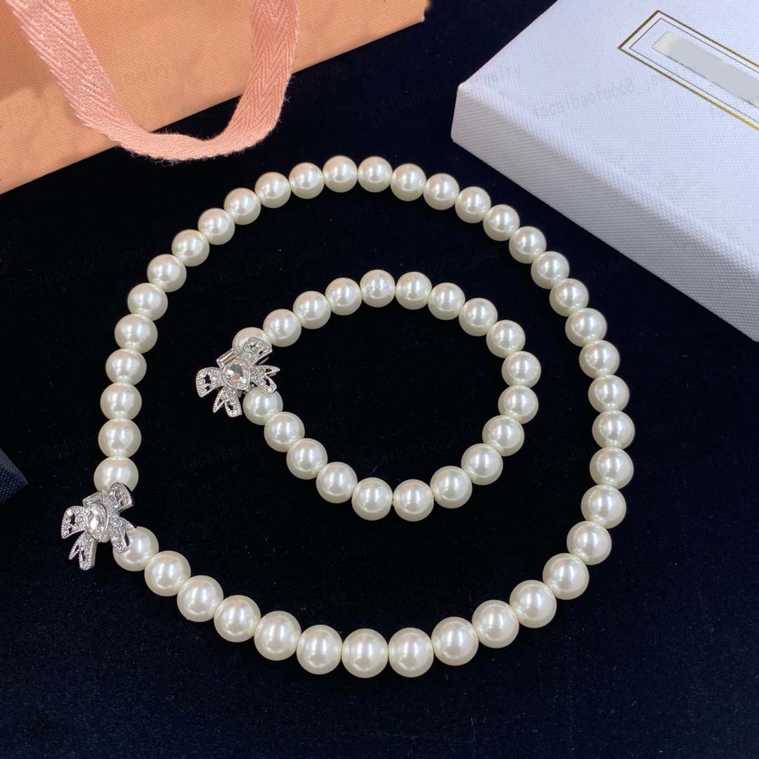 Designer necklace, bracelet, luxury bow Embed Zircon Pearl necklace set, fashion women's jewelry, wedding, banquet, high quality gifts, whol