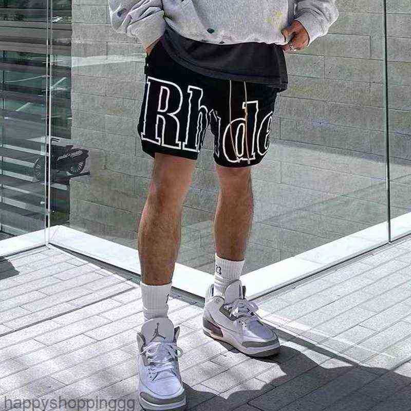

Rhude Summer High Street Alphabet Print Drawstring Hip Hop Casual Sports Shorts Beach Pants Capris Men and Women Loose, Black