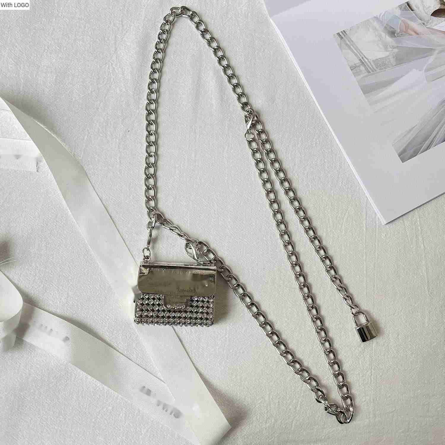 

Evening Bags Luxury Brand design Letter CC bag Rhinestone Necklace Waist Chain Bag Female Metal Letter Rhinestone Hollow out Decorative Windbreaker Belt Versatile, Gold