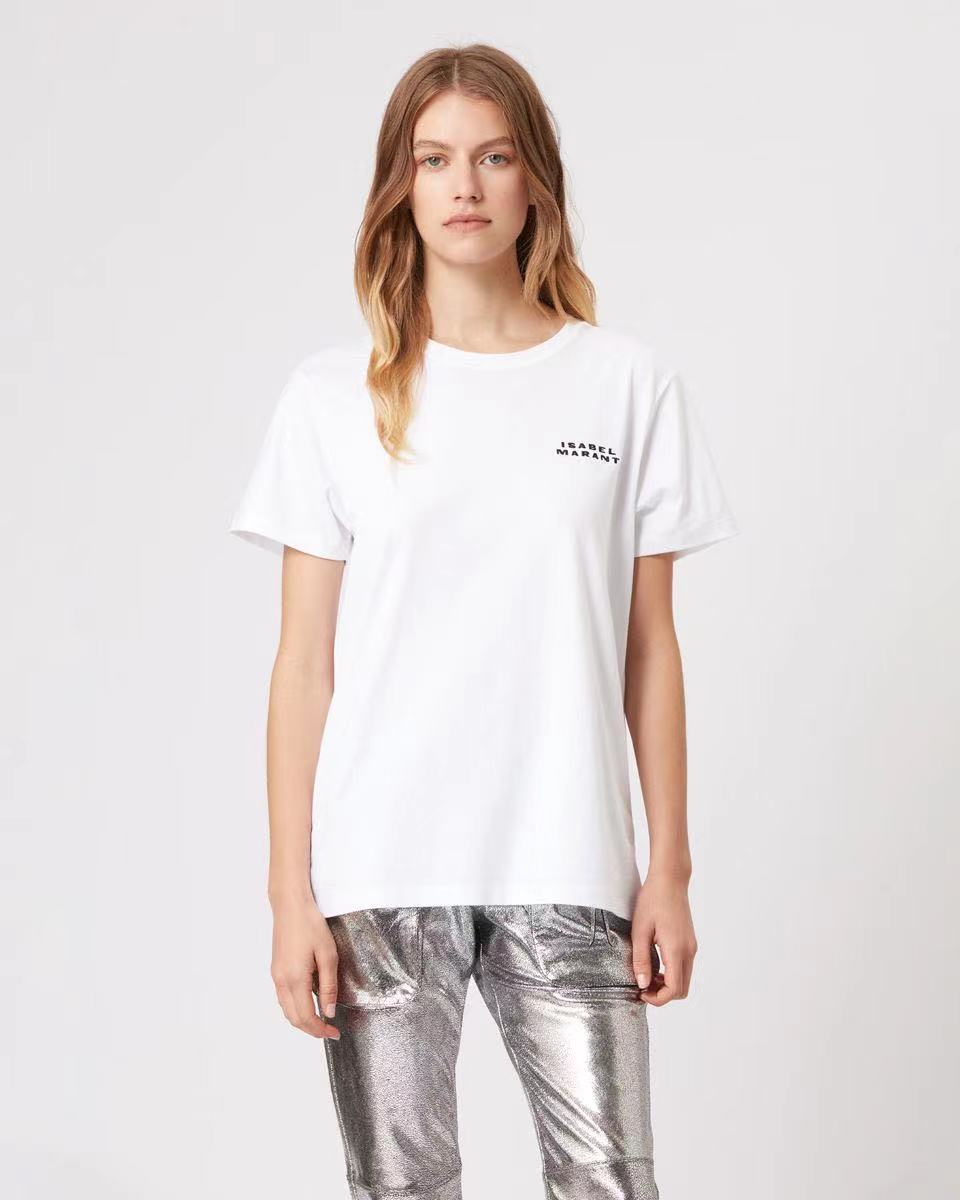 

Isabel Marant23ss Women Designer T shirt Fashion Tops Casual Embroidery Letter Round Neck Straight Pullover Women Versatile Short Sleeve Tees, White4