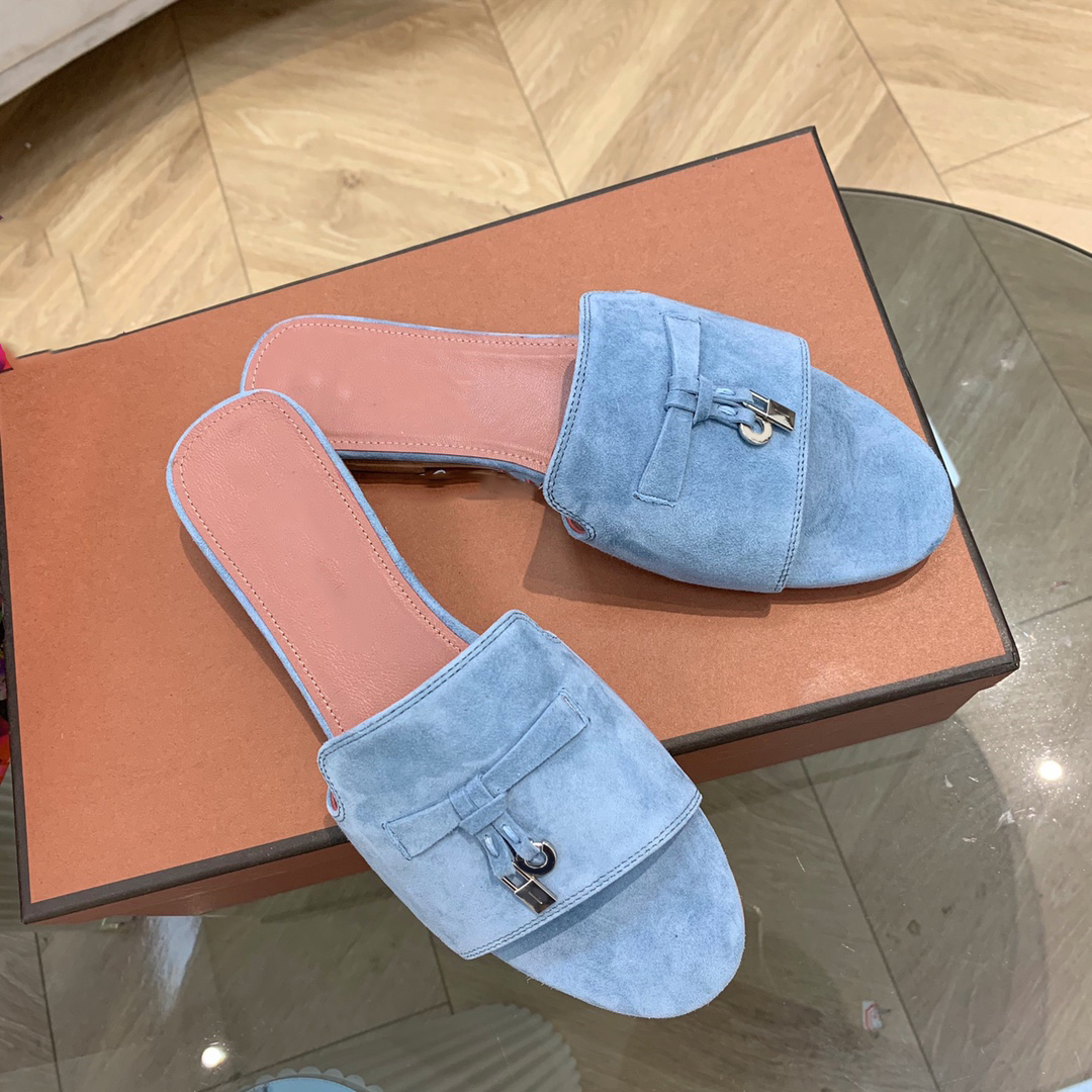 

Summer slides Charms embellished LORO PIANA suede slippers Luxe sandals shoes Genuine leather open toe casual flats for women Luxury k7k1#