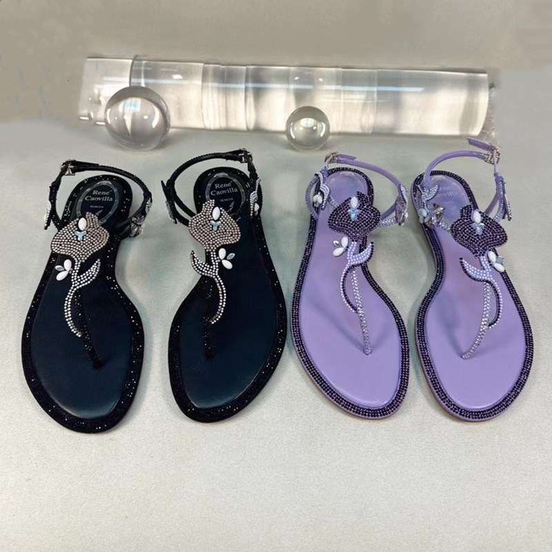 

RENE CAOVILLA crystal Summer Hollow Women's Sandals Genuine Leather Toe Runway Party Fashion Sandals Low-heeled design Low-heeled pinch Sandals 35-43 size, As pic