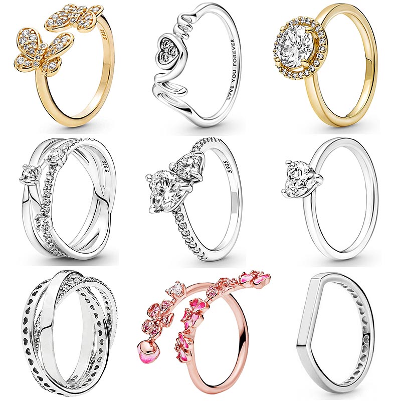 

925 Silver Women Fit Pandora Ring Original Heart Crown Fashion Rings Mom Double Pave Heart Solitaire Infinity Stones Butterfly Triple Band