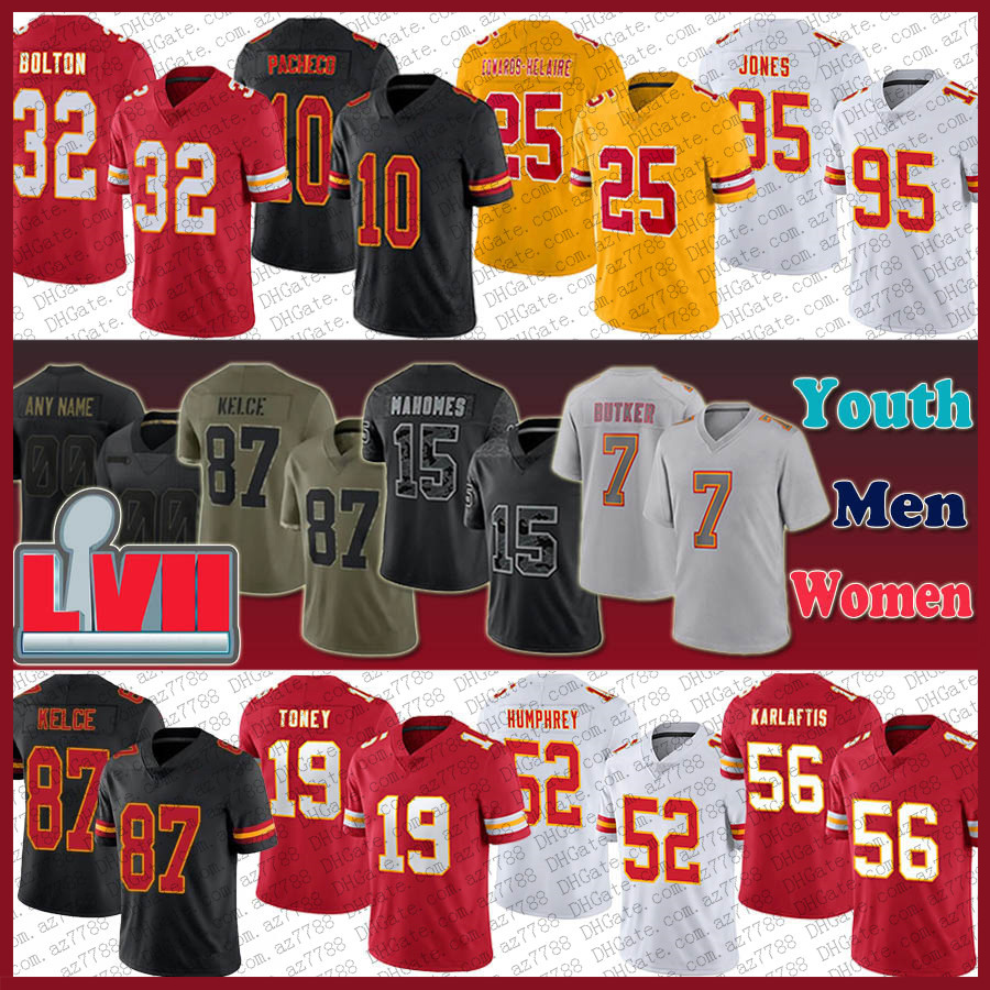 

15 Patrick Mahomes Kansases City Chiefes Football Jersey Custom Men Women Youth 87 Travis Kelce Isiah Pacheco Chris Jones Nick Bolton Kadarius Toney Harrison Butker, Shown