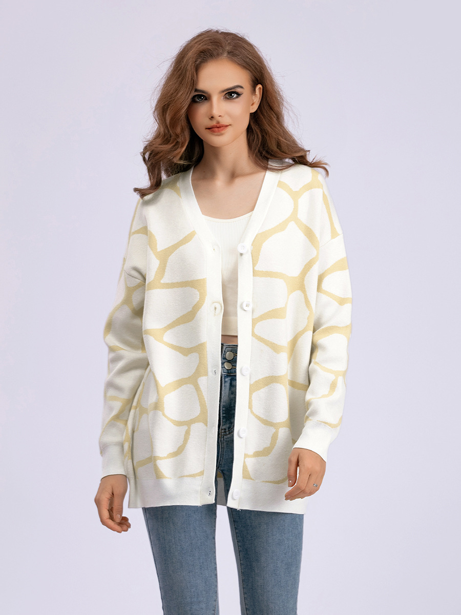 23kjds bwj ytEurope et États-Unis nouveau pull jacquard transfrontalier pour femmes automne et hiver col en V motif long ligne de veste ample