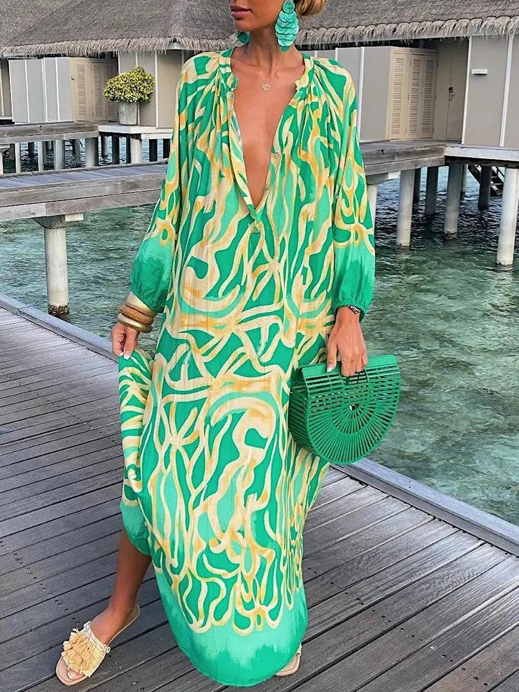 

Casual Dresses Retro Print Dress Women Oversize Long Summer Female Sexy Deep V Neck Maxi Ladies Vintage Loose Full Sleeve, Green