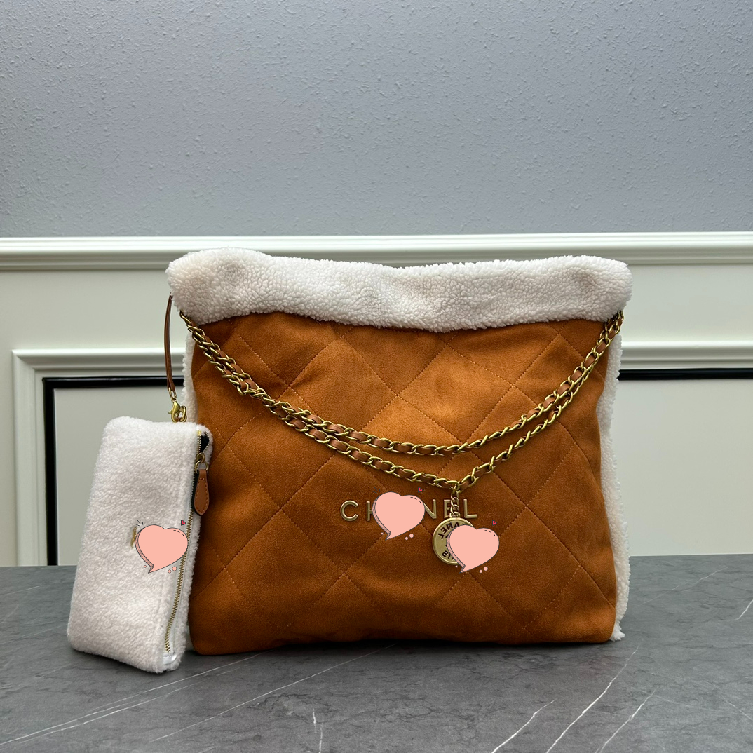 Lamb Wool 22 bag Women Luxury Designer Shoulder Bag Suede Leather Shopping Totes Fashion High Quality Plaid Purses And Handbags Chain Garbage Bag-image-987064291