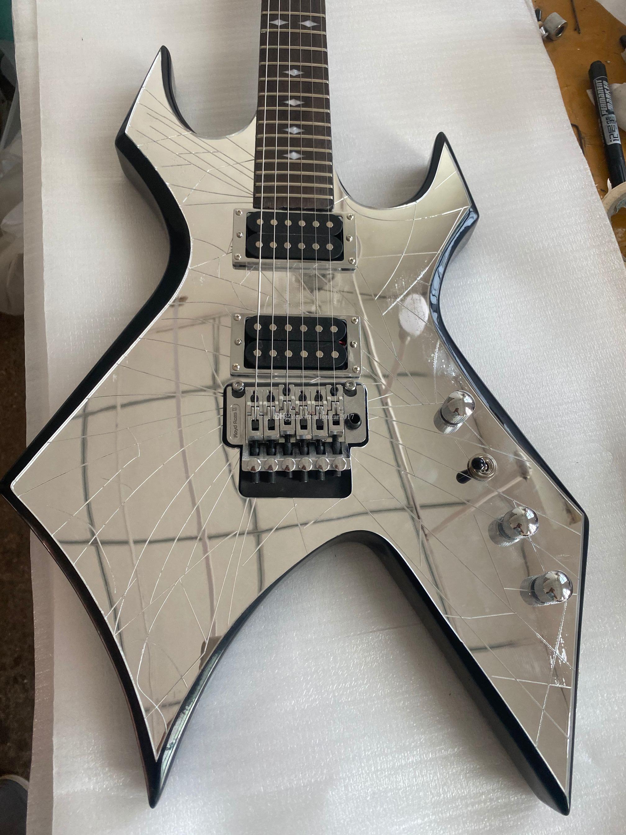 

B Rich Warlock Revenge Cracked Mirror Electric Guitar Paul Stanley Floyd Rose Tremolo & Locking NuT, Whammy Bar, 24 Frets, Diamond Inlay, Black Hardware