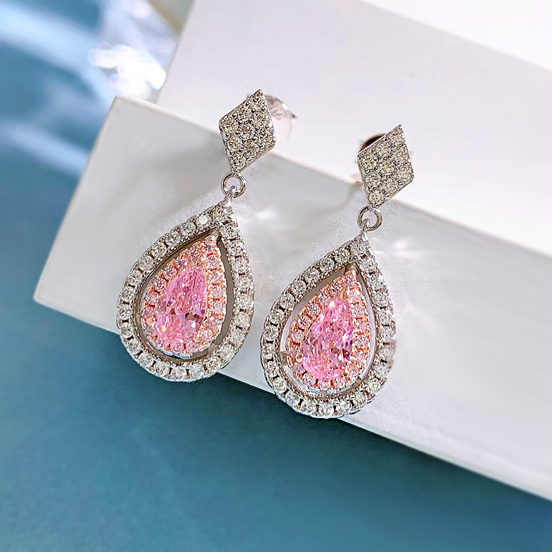 

Water Drop Pink Diamond Dangle Earring 100% Real 925 sterling silver Wedding Drop Earrings for Women Promise Engagement Jewelry