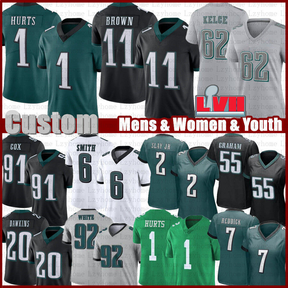 

Jalen Hurts AJ Brown Jason Kelce Custom Football Jerseys DeVonta Smith Michael Vick Darius Slay Haason Reddick Randall Cunningham Lane Johnson Goedert Reggie White, Youth