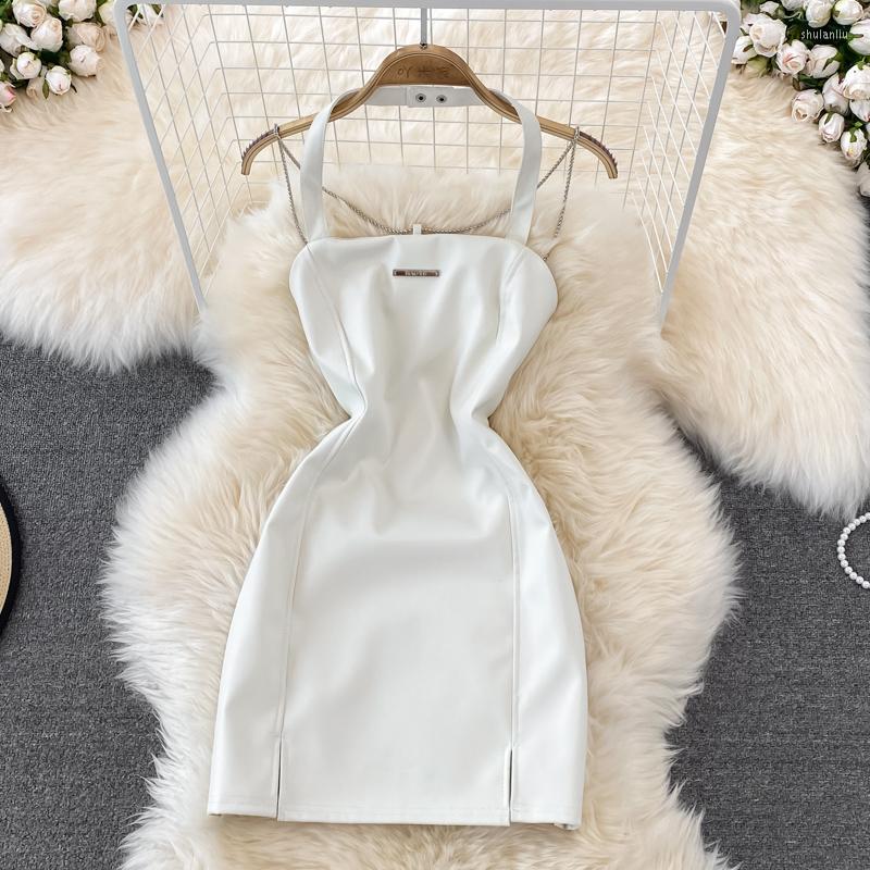 

Casual Dresses Female Halter Dress White Pu Leather Split Backless Women Body-Con Fashion Sexy Chain Decor Club Wear Mini