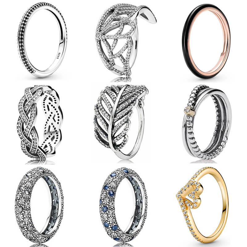 

925 Silver Women Fit Pandora Ring Original Heart Crown Fashion Rings Butterfly Wing Wishbone Heart Entwined Ribbon Light As a Feather