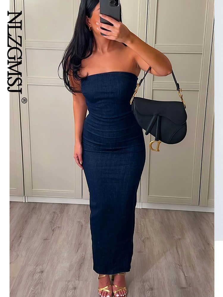

RUKASStrapless Backless Zipper Split Dress Party Blue Denim Female Long Dress for Women Clothes Summer Evening Dresses