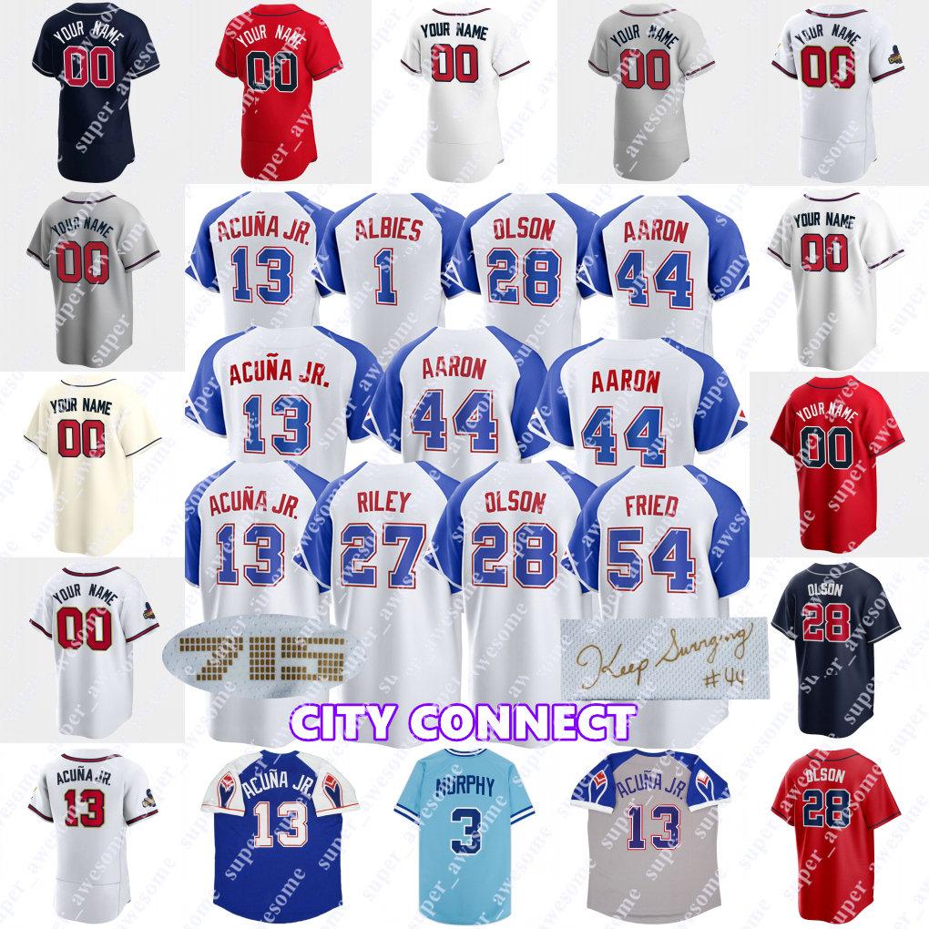 

Ronald Acuna Jr. City Connect Baseball Jersey Austin Riley Michael Harris II Ozzie Albies Matt Olson Sean Murphy Spencer Strider Max Fried Hank Aaron Eddie Rosario, White city connect flex base with a